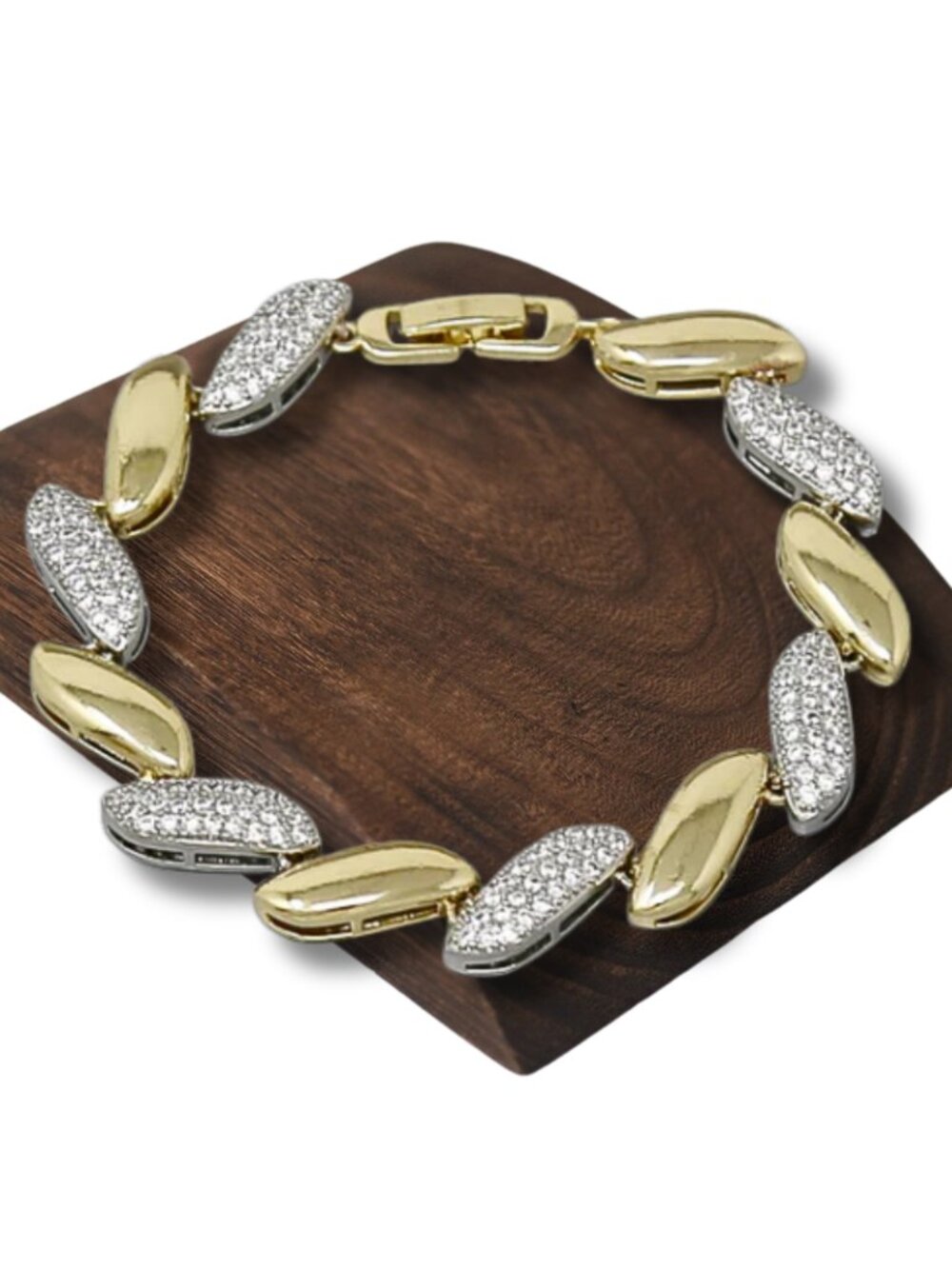 Two-Tone Pave Bean Shape Link 18K Gold Filled CZ Sparkle Bracelet New Luxe Line - Picture 5 of 7